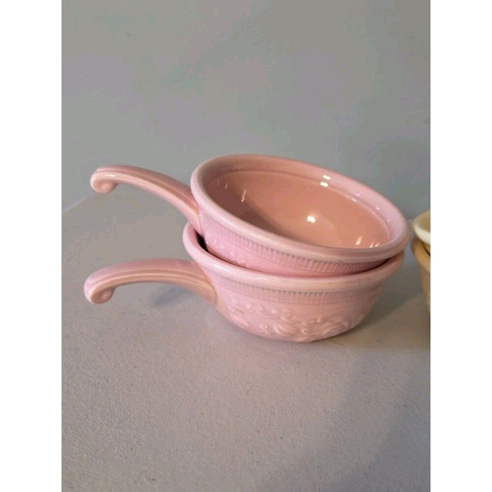 VTG Genuine Oven Serve Ware Pink Yellow Soup Bowl Floral Handle T.S.T. Set of 4 - Picture 3 of 12